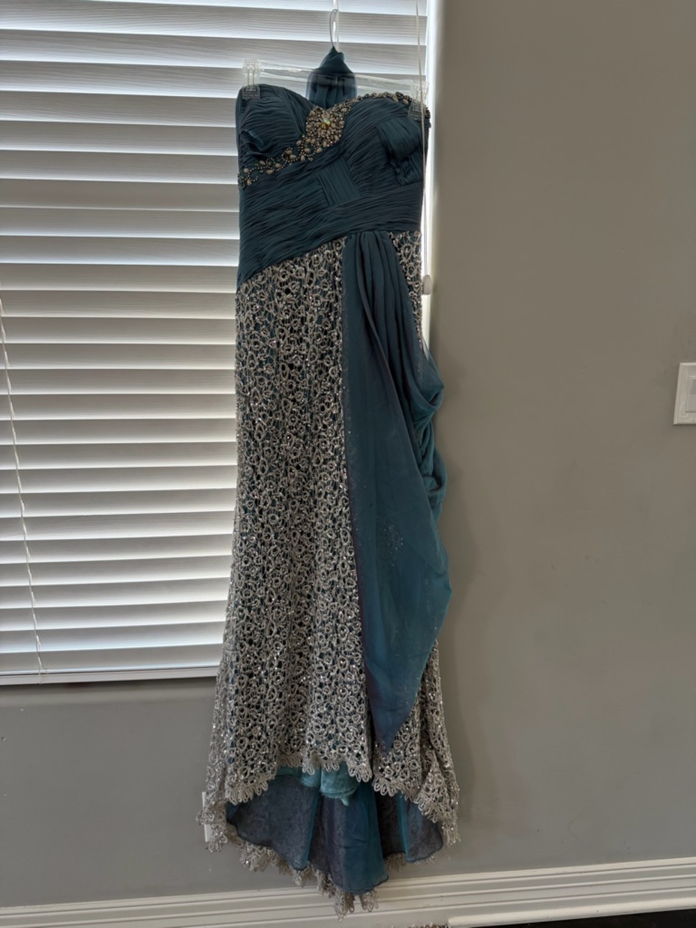 Mac Duggal Teal Strapless Beaded Lace Evening Gown